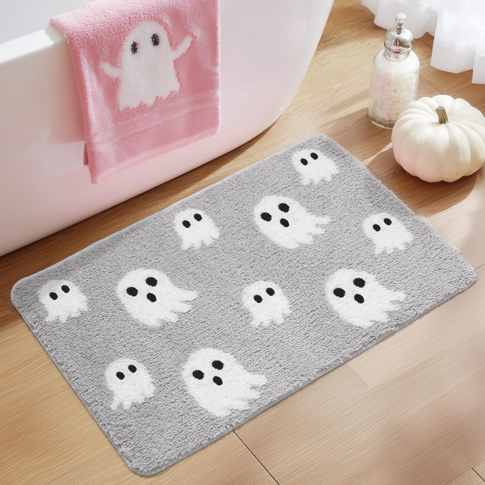 Black Halloween Bath Mat – Cute Ghost Decor Mat Non-Slip Black Bathroom Rug Soft Spooky Bath Rug for Shower, Bedroom, Living Room
